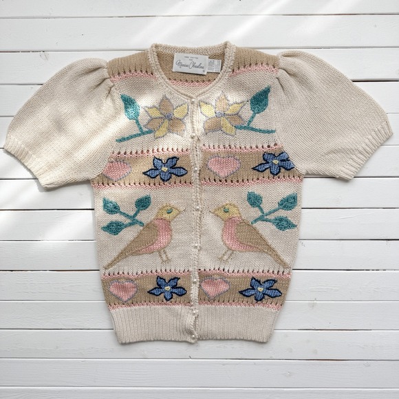 vtg Marisa Christina bird embroidered short sleeve cardigan sweater size XS